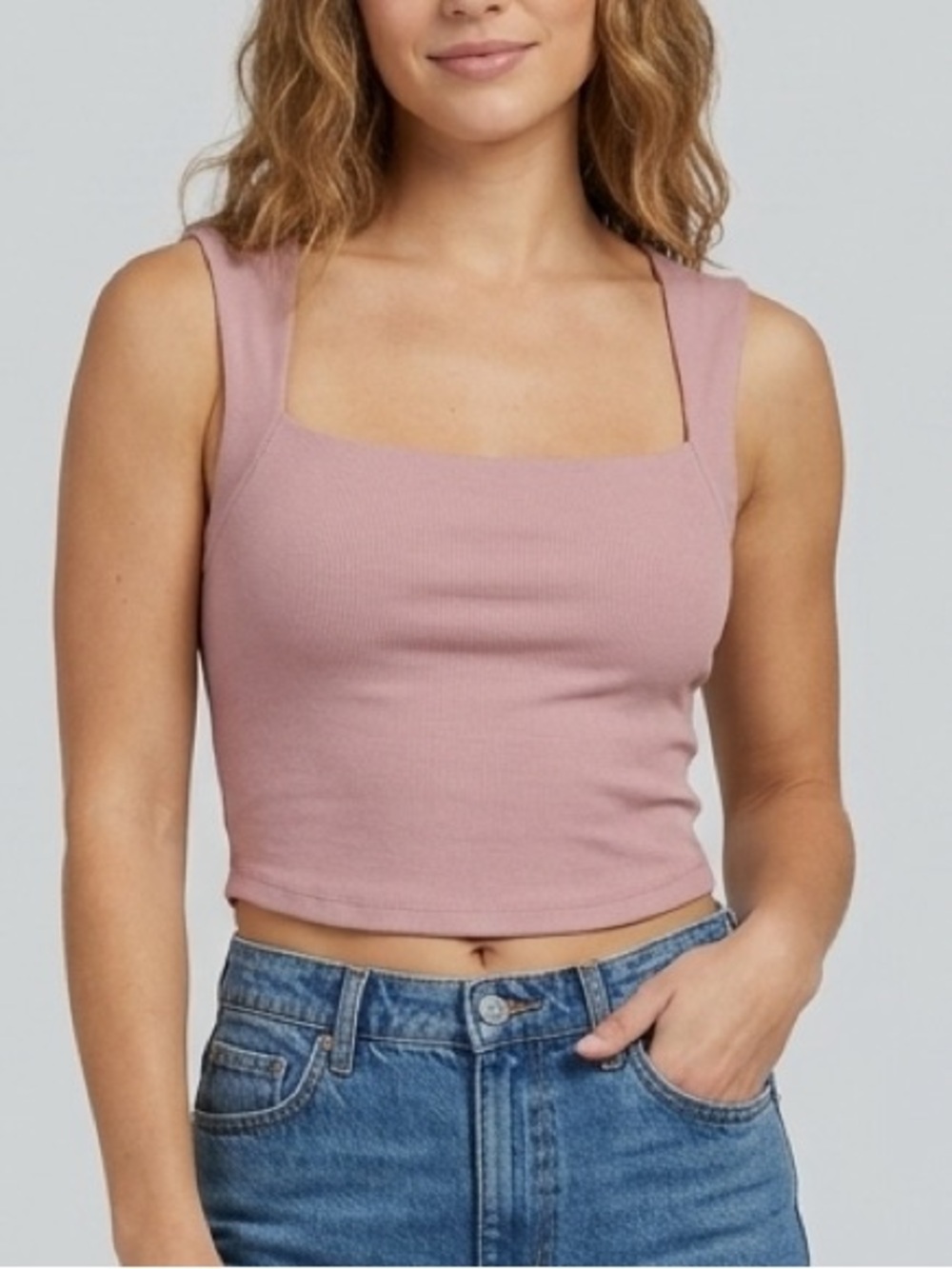 LG Ribbed Square-Neck Cropped Camisole in Dusty Rose